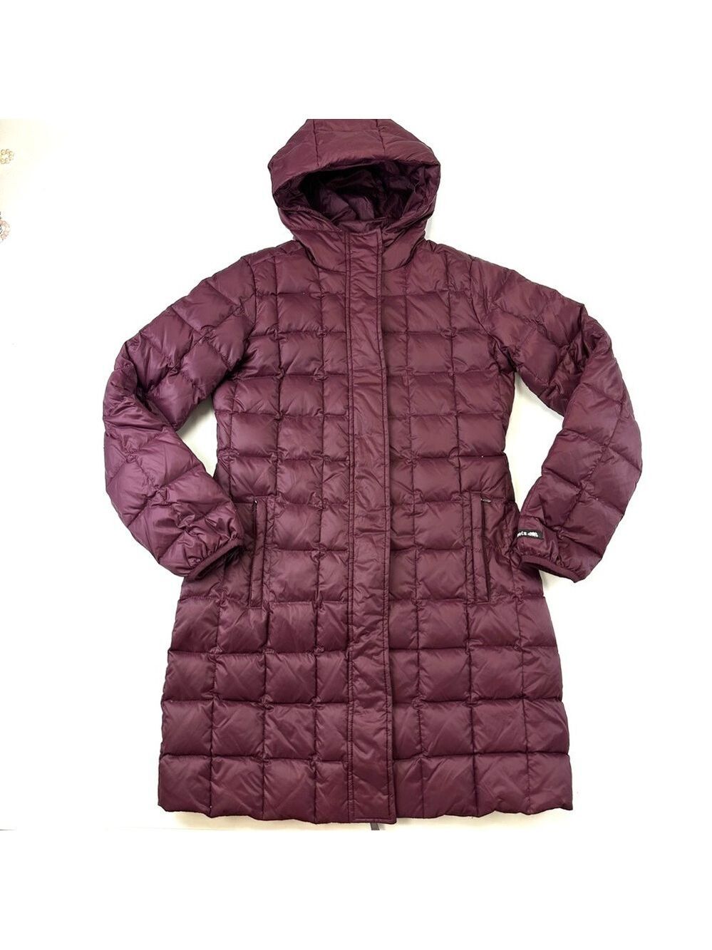 Roots down hooded puffer coat Womens Medium burgundy quilted long line winter - Picture 2 of 14